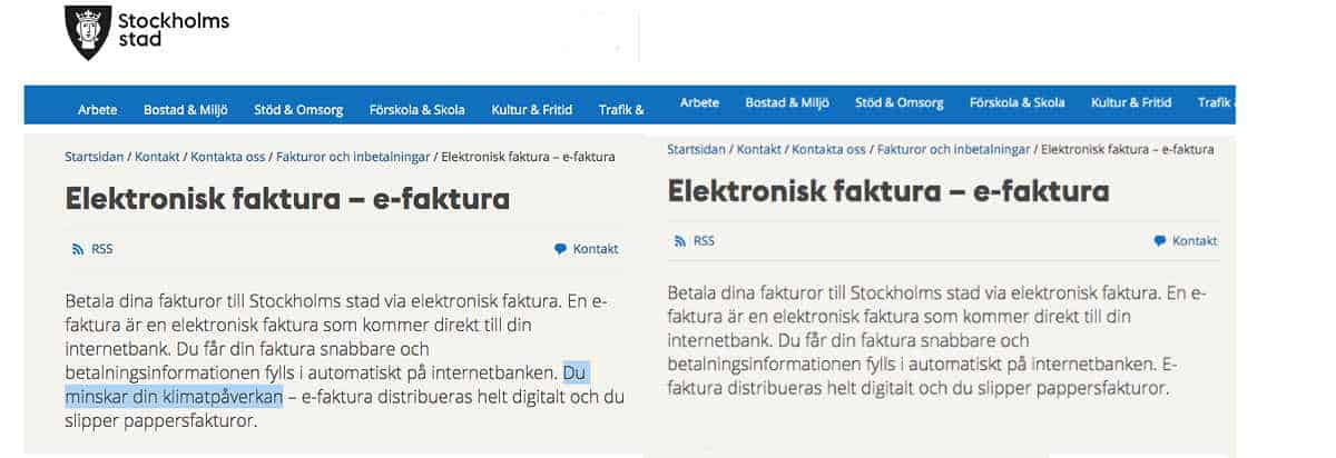 Före- och efterbild av Stockholms Stads kommunikation kring e-faktura.