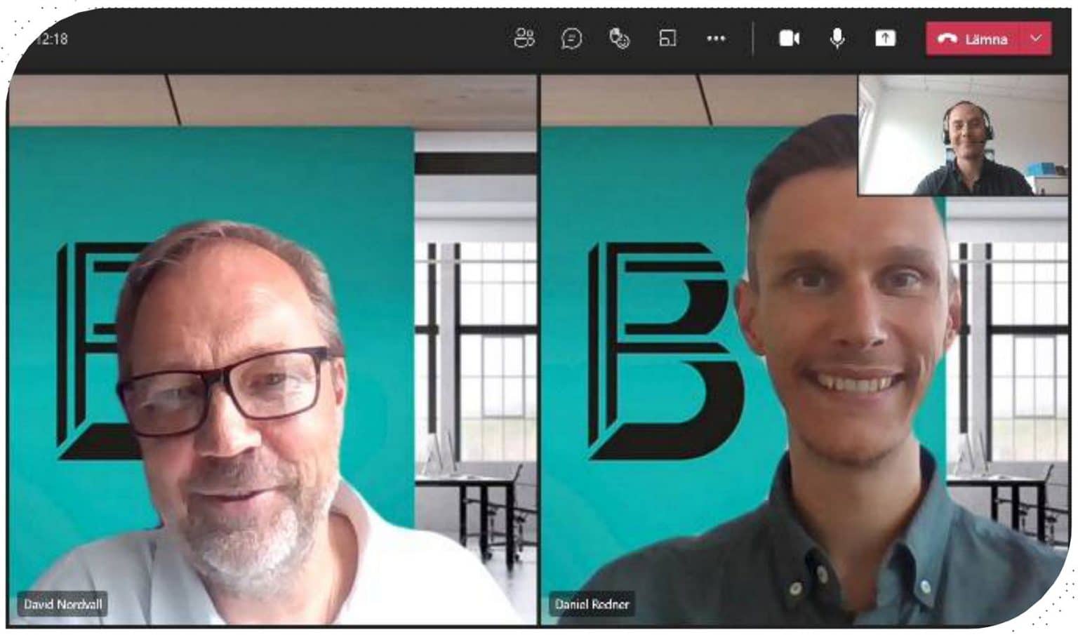 Möte på Teams. David Nordvall, platschef Brandfactory Göteborg, Daniel Redner, Produktion och Projektchef Brandfactory Stockholm, och Patrik Agblad, säljare Visutech.