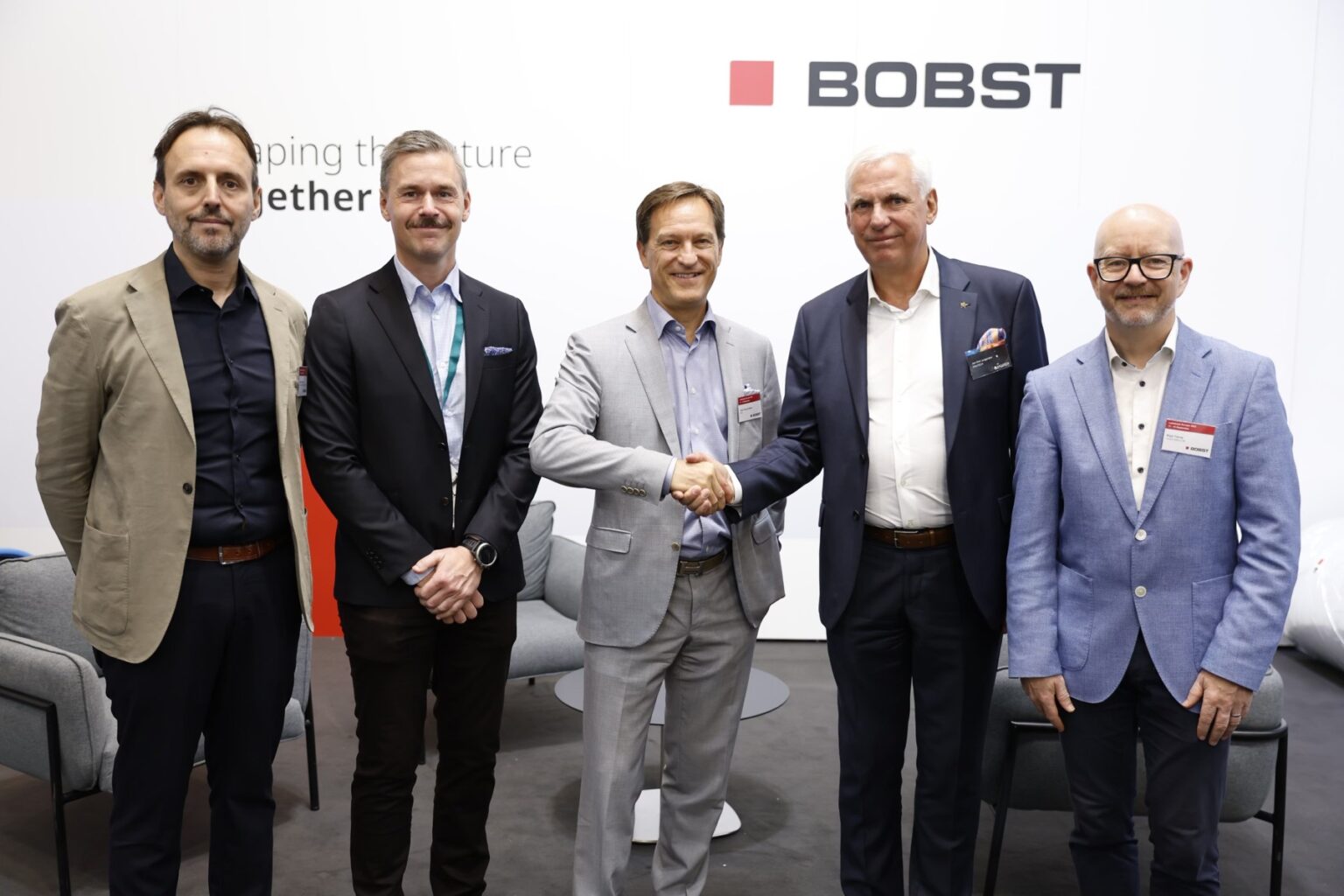 Matteo Cardinotti, head of BOBST Narrow/Mid web, BOBST, Johan Lidström, Vice President & COO, Visutech, Jean-Pascal, CEO, BOBST, Jan-Olof Jungersten, CEO, Visutech, Nigel Tracey, Technology Sales Director - Digital Printing and Converting, BOBST.